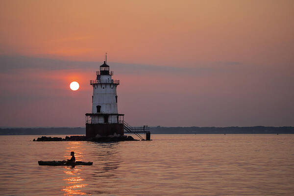 Lighthouse Poster featuring the photograph Sunset Kayaker by Conimicut Lighthouse by Denise Kopko