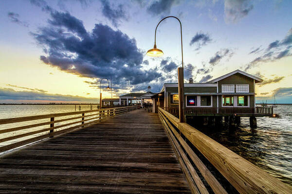 Boats Poster featuring the photograph Sunset Lights at the Dock Jekyll Island by Debra and Dave Vanderlaan