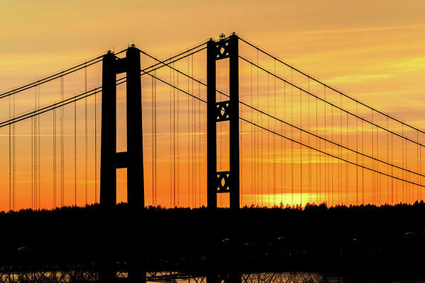 Tacoma Poster featuring the photograph Tacoma Narrows Bridges Fiery Sunset by Rob Green
