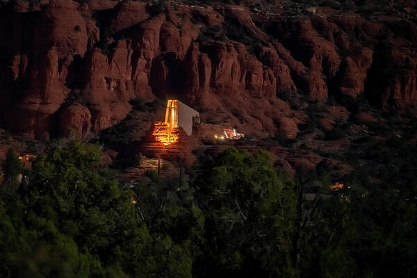 Sedona Poster featuring the photograph The Chapel in Moonlight by Al Judge