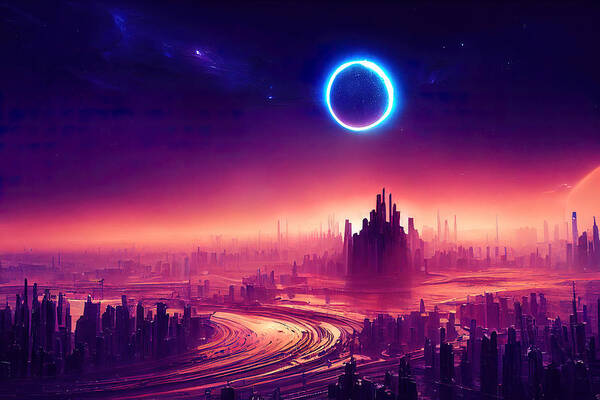 City Poster featuring the painting The Galactic City, 13 by AM FineArtPrints