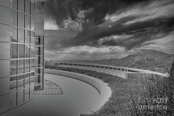 Getty Museum Poster featuring the photograph The Getty Architecture Black White Los Angeles by Chuck Kuhn