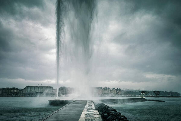 City Center Poster featuring the photograph The Jet d'Eau fountain in Geneva on a stormy day by Benoit Bruchez