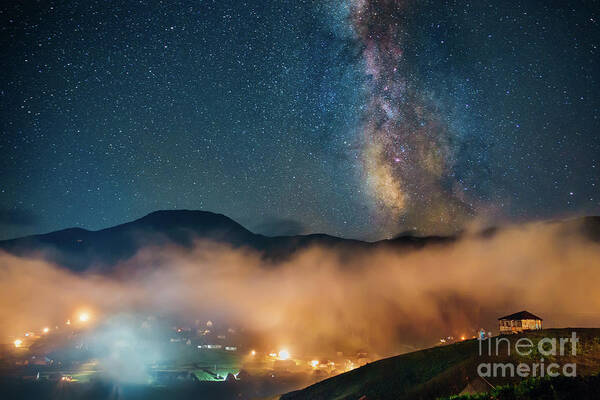 Milkyway Galaxy Poster featuring the digital art The Milkyway Galaxy Over Village, Astronomy by Amusing DesignCo