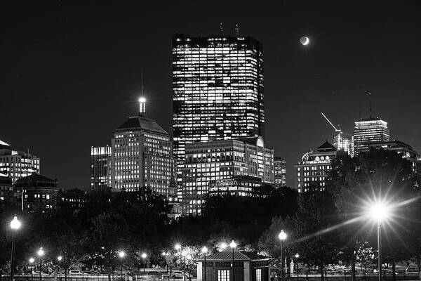 Boston Poster featuring the photograph The moon rising over Back Bay and the Boston Common Boston Massachusettes Black and White by Toby McGuire