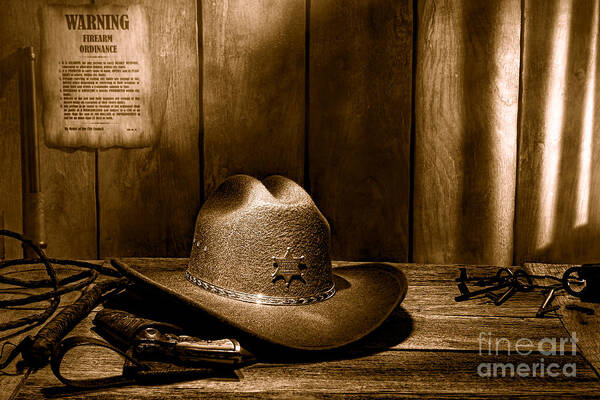 Antique Poster featuring the photograph The Sheriff Office - Sepia by Olivier Le Queinec