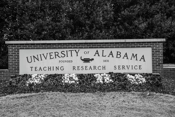 Alabama Poster featuring the photograph The University of Alabama Sign Black and White by John McGraw