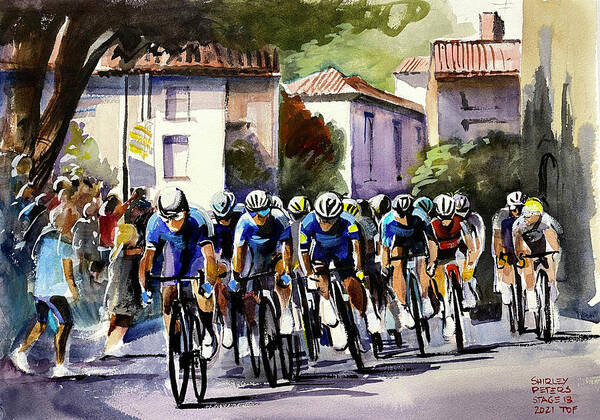 Le Tour De France Poster featuring the painting Through the Town Stage 13 TDF2021 by Shirley Peters