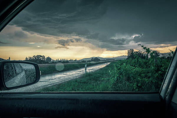 Green Color Poster featuring the photograph Thunderstorm on a country road by Benoit Bruchez
