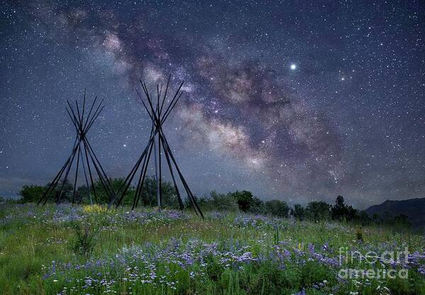 Native American Poster featuring the photograph Tipis Under the Stars by Leslie Wells