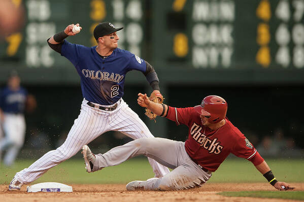 Double Play Poster featuring the photograph Troy Tulowitzki and Martin Prado by Dustin Bradford