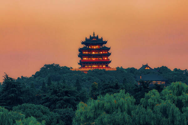 Ancient Edifice Poster featuring the photograph Twilight Glow on Liuhe Pagoda by Benoit Bruchez