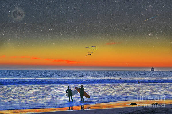 Twilight Surfers Poster featuring the photograph Twilight Surfers by David Zanzinger