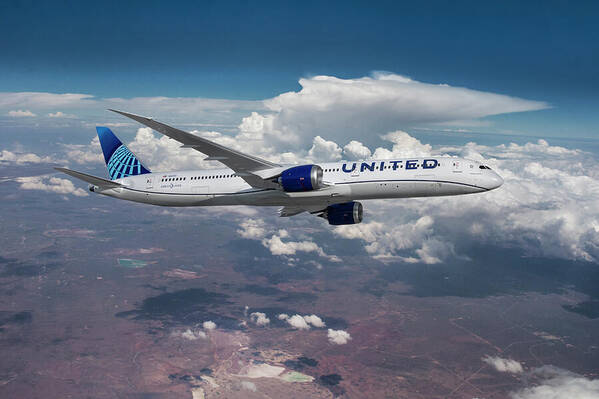 United Airlines Poster featuring the mixed media United Airlines Boeing 787-10 Dreamliner by Erik Simonsen