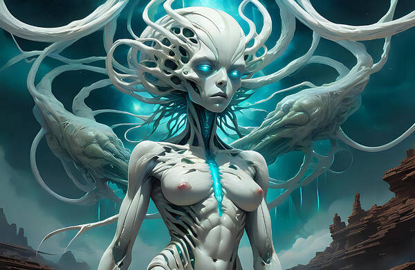 Weird Alien White Dynamic Ornate Intriguing Warrior Female Entity Aura Energy Wonderland Clouds Nebula Broken Torn Apart Lovers Biosynthetic Ectoplasm Tangled Entwined Claws Teeth Seductive Invasion Of The Body Snatchers Poster featuring the digital art Vengeance and Retribution by Tricky Woo