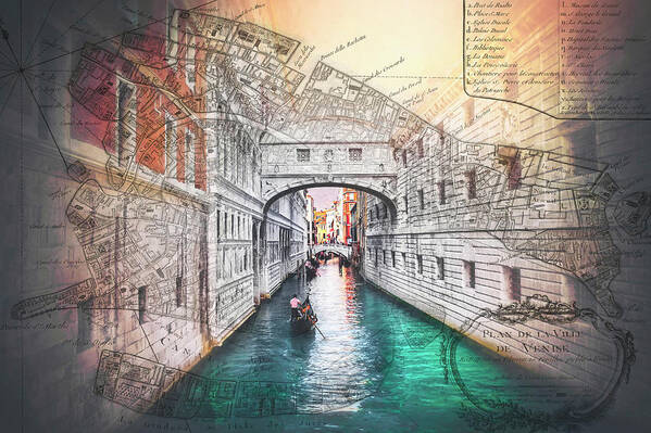 Bridge Of Sighs Poster featuring the photograph Venice Italy Bridge of Sighs With Vintage Map by Carol Japp