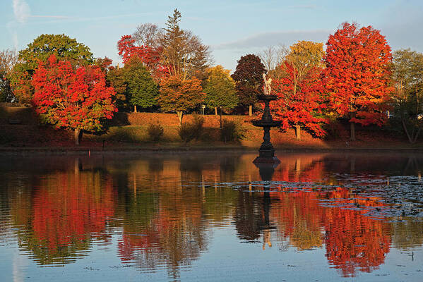 Newburyport Poster featuring the photograph Vibrant Fall Colors on the Newburyport Frog Pond Newburyport Massachusetts Fountain by Toby McGuire