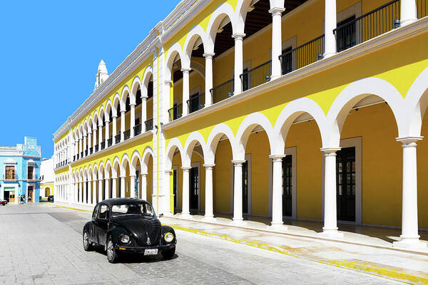 Mexico Poster featuring the photograph Viva Mexico Collection - Black VW Beetle and Yellow Architecture in Campeche by Philippe HUGONNARD