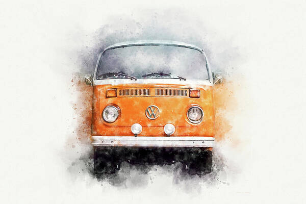 Vw Bus Poster featuring the photograph VW Bus T2 Hippie Vanlife in Orange Watercolor by Andreea Eva Herczegh