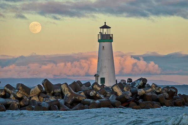 Full Moon Poster featuring the photograph Walton Lighthouse with Full Moon #1 by Carla Brennan