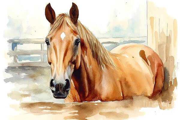 Isolated Poster featuring the painting Watercolor Horse in the Stable Hand Painted Illustration by N Akkash