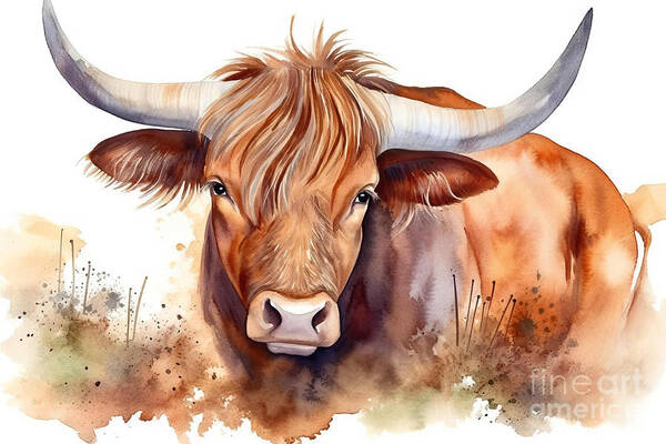 Watercolor Poster featuring the painting Watercolor illustration of a brown long-horned bull by N Akkash