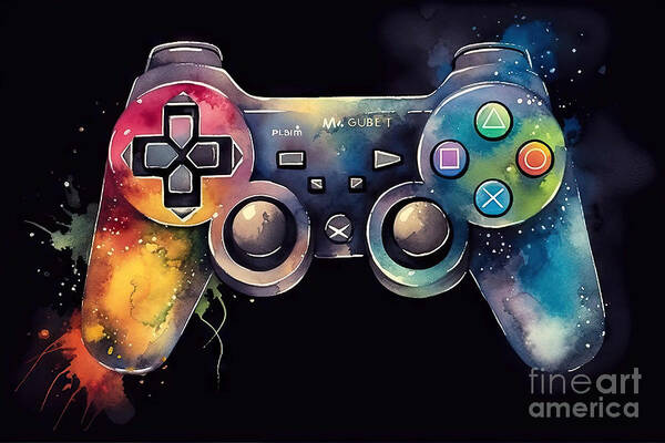 Technology Poster featuring the painting Watercolor Illustration of a Colorful Video Game Controller by N Akkash
