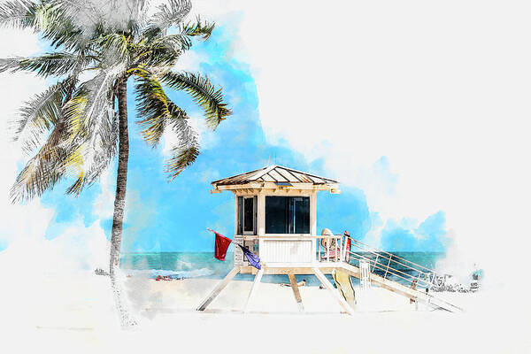Lifeguard Tower Poster featuring the digital art Watercolor sketch of lifeguard tower in Fort Lauderdale USA by Maria Kray