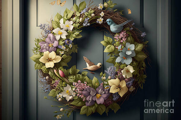 Welcome Poster featuring the digital art Welcome to Easter, Photorealistic Wreath on a Door Signaling Spring Joy by Jeff Creation