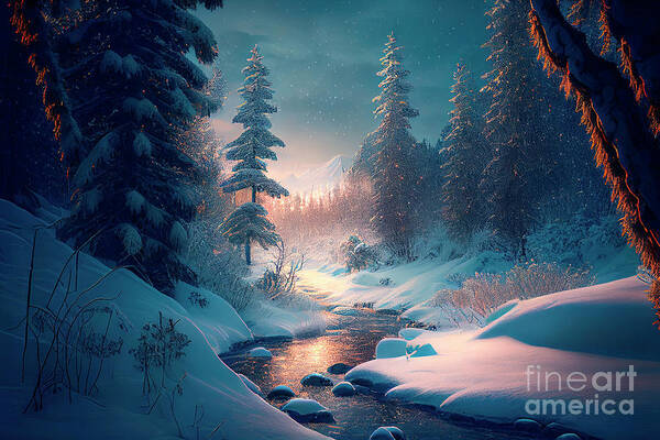 Tree Poster featuring the photograph Winter landscape and mountain stream by Jelena Jovanovic