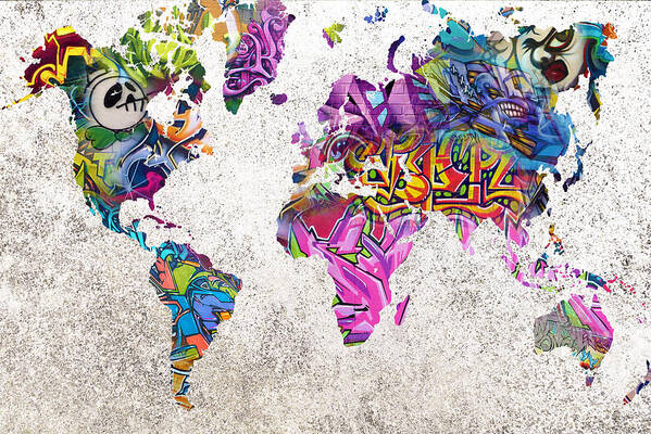 World Map Poster featuring the painting World Map Graffiti by Tony Rubino