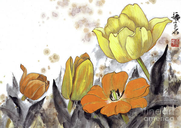 Wang Zhenhua Poster featuring the painting Yellow And Orange Tulips by Wang Zhenhua