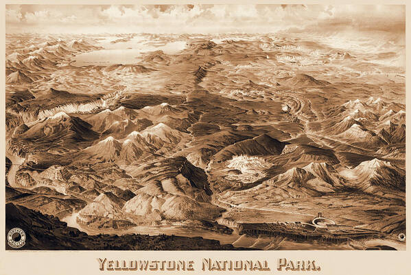 Yellowstone Poster featuring the photograph Yellowstone National Park Historical Map Birds Eye View 1904 Sepia by Carol Japp