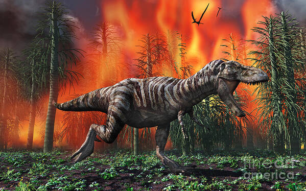 Horizontal Poster featuring the digital art Tyrannosaurus Rex Fleeing From A Deadly #1 by Mark Stevenson