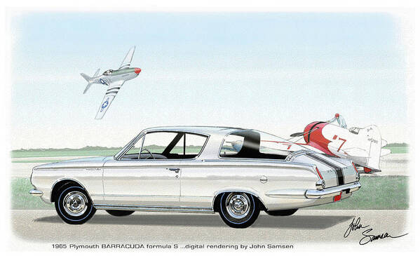 Classic Car Art Poster featuring the painting 1965 BARRACUDA classic Plymouth muscle car by John Samsen