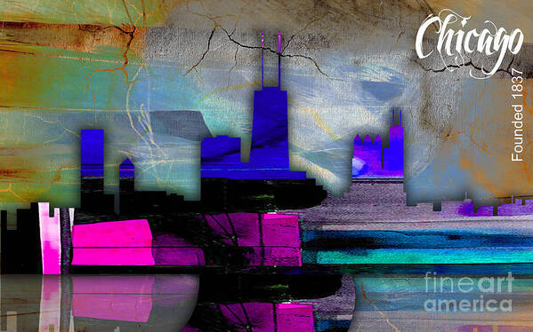 Chicago Art Poster featuring the mixed media Chicago Skyline Watercolor #6 by Marvin Blaine