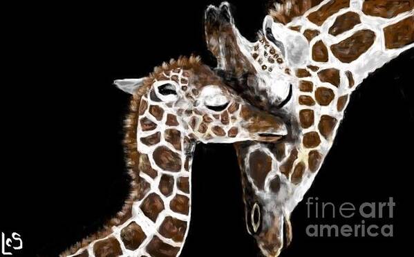 Giraffe Wildlife Nature Jungle White Brown Love Cute Black Peace Gentle Zoo Animals Poster featuring the painting A MOTHER'S LOVE - AT GREAT HEIGHTS by LCS by LCS Art