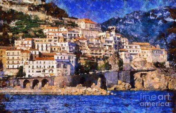 Amalfi Poster featuring the painting Amalfi town in Italy by George Atsametakis