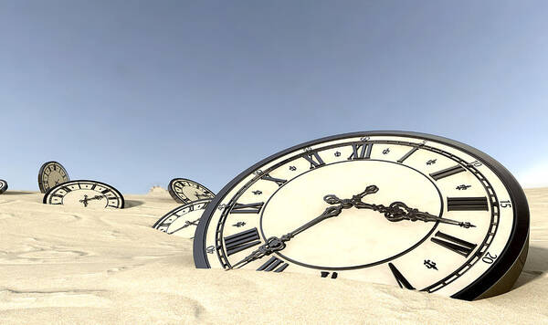 Clock Poster featuring the digital art Antique Clocks In Desert Sand by Allan Swart