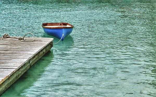 Blue Poster featuring the digital art Blue Boat Off Dock by Michael Thomas