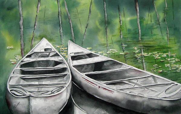 Lake Poster featuring the painting Canoes To Go by Mary McCullah