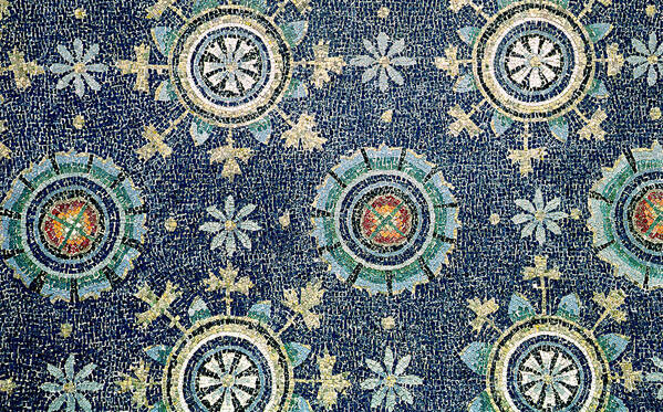 Floral; Paleochristian; Early Christian; Decor; Flowers; Geometric; Symmetry; Symmetrical; Floral; Decorative; Blue; Starburst; Red; White; Tile; Tiles; Mosaic; Mosaics; Wall Decor; Decoration; Pattern; Patterns; Circular; Circles; Design; Shape; Shapes; 5th Century; Ad; Fifth Century Ad; Fifth Century; Byzantine; Byzantine Design; Byzantine Designs; Poster featuring the painting Detail of the floral decoration from the vault mosaic by Byzantine