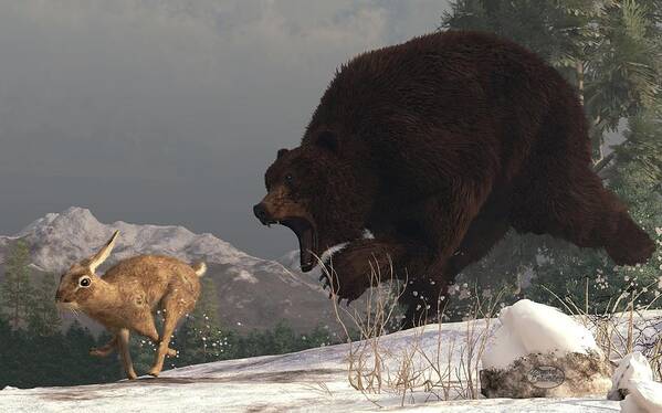 Bear Poster featuring the digital art Grizzly Bear Chasing Rabbit by Daniel Eskridge