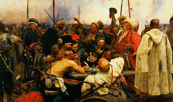 Ilya Repin 3 Reply Of The Zaporozhian Cossacks To Sultan Mehmed Iv Of Ottoman Empire1 Poster featuring the painting Ilya Repin 3 Reply Of The Zaporozhian Cossacks To Sultan Mehmed Iv Of Ottoman Empire1 by MotionAge Designs