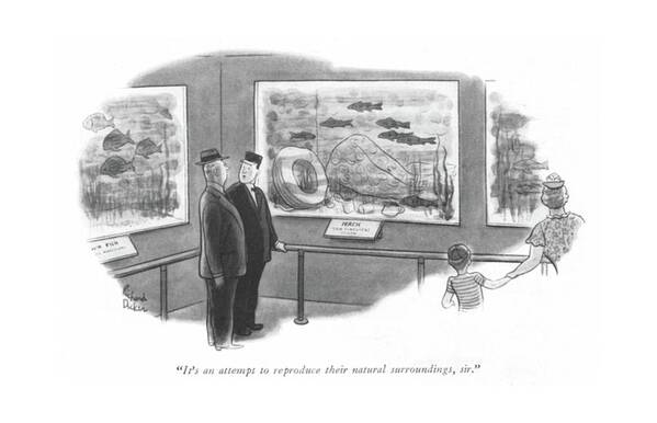 112733 Rde Richard Decker Aquarium Keeper To Visitor Asking About Old Tires Poster featuring the drawing It's An Attempt To Reproduce Their Natural by Richard Decker
