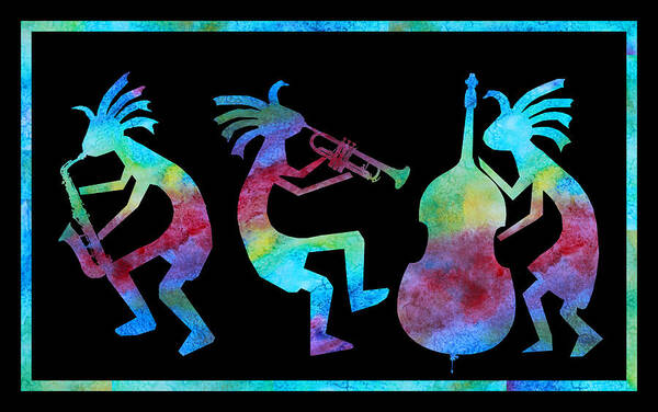 Music Poster featuring the painting Kokopelli Jazz Trio by Jenny Armitage