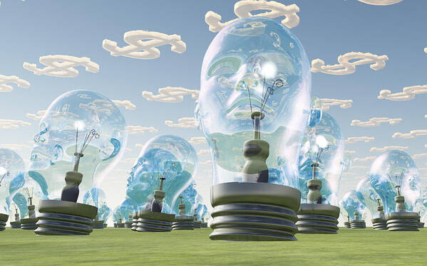 Idea Poster featuring the digital art Light Bulb heads and dollar symbol clouds by Bruce Rolff