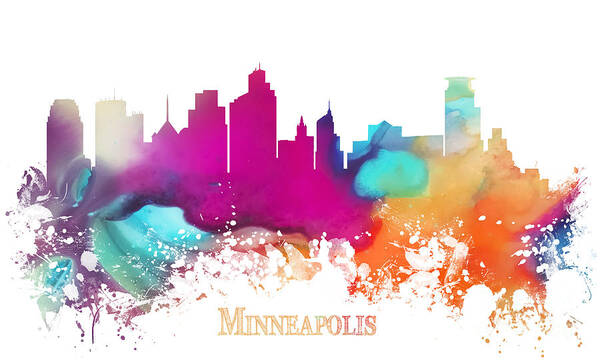 Minneapolis Poster featuring the digital art Minneapolis City colored skyline by Justyna Jaszke JBJart