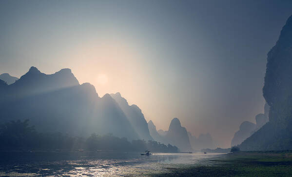 Guangxi Poster featuring the photograph Misty sunrise 3 by Afrison Ma