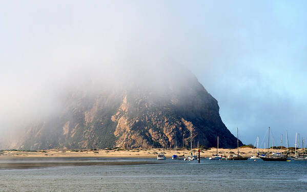 Scenic Poster featuring the photograph Morning Fog Over Morro Rock by AJ Schibig